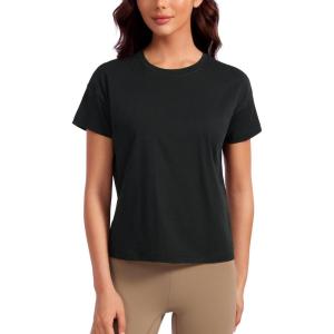 imageCRZ YOGA Pima Cotton Relaxed TShirts for Women  Workout Athletic Gym Casual Short Sleeve Shirts Basic Crewneck Hip TopsBlack