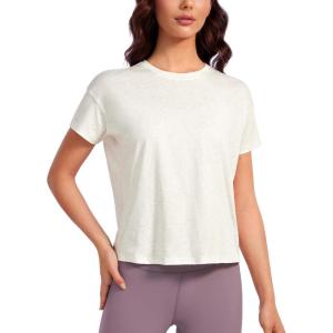 imageCRZ YOGA Pima Cotton Relaxed TShirts for Women  Workout Athletic Gym Casual Short Sleeve Shirts Basic Crewneck Hip TopsIce GreyWhite