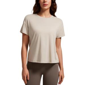 imageCRZ YOGA Pima Cotton Relaxed TShirts for Women  Workout Athletic Gym Casual Short Sleeve Shirts Basic Crewneck Hip TopsMojave Tan