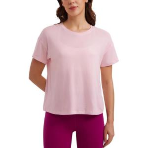 imageCRZ YOGA Pima Cotton Relaxed TShirts for Women  Workout Athletic Gym Casual Short Sleeve Shirts Basic Crewneck Hip TopsStrawberry Pink