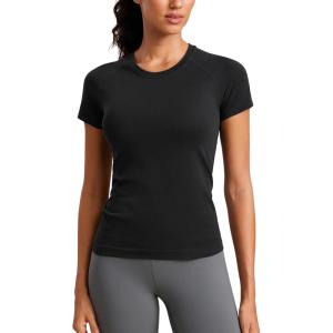 imageCRZ YOGA Seamless Workout Tops for Women Hip Length  Athletic Running Gym Yoga Short Sleeve Shirts Breathable Crewneck TeesBlack