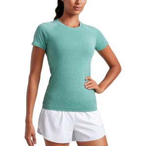 imageCRZ YOGA Seamless Workout Tops for Women Hip Length  Athletic Running Gym Yoga Short Sleeve Shirts Breathable Crewneck TeesCascadia Green Heather