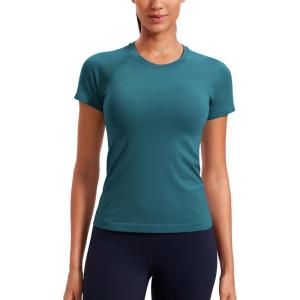 imageCRZ YOGA Seamless Workout Tops for Women Hip Length  Athletic Running Gym Yoga Short Sleeve Shirts Breathable Crewneck TeesGreen Jade