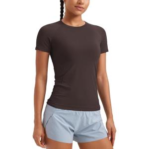 imageCRZ YOGA Seamless Workout Tops for Women Hip Length  Athletic Running Gym Yoga Short Sleeve Shirts Breathable Crewneck TeesHot Fudge Brown