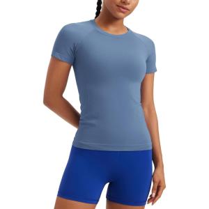 imageCRZ YOGA Seamless Workout Tops for Women Hip Length  Athletic Running Gym Yoga Short Sleeve Shirts Breathable Crewneck TeesOasis Blue