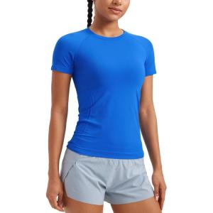 imageCRZ YOGA Seamless Workout Tops for Women Hip Length  Athletic Running Gym Yoga Short Sleeve Shirts Breathable Crewneck TeesSparkle Blue
