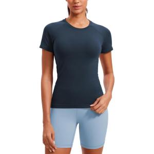 imageCRZ YOGA Seamless Workout Tops for Women Hip Length  Athletic Running Gym Yoga Short Sleeve Shirts Breathable Crewneck TeesTwilight Blue