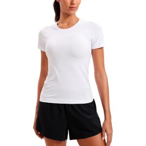 imageCRZ YOGA Seamless Workout Tops for Women Hip Length  Athletic Running Gym Yoga Short Sleeve Shirts Breathable Crewneck TeesWhite