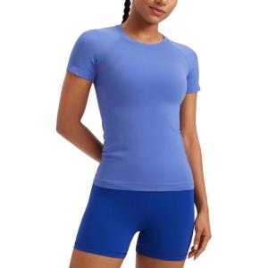 imageCRZ YOGA Seamless Workout Tops for Women Hip Length  Athletic Running Gym Yoga Short Sleeve Shirts Breathable Crewneck TeesWild Indigo