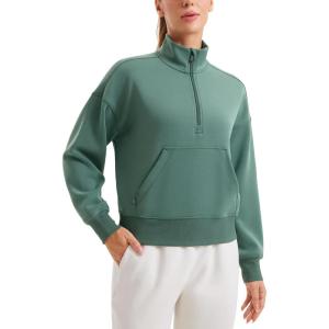 imageCRZ YOGA SoftAura Half Zip Sweatshirt for Women  Pullover Workout Casual Funnel Neck Sweat Shirts with PocketDark Forest Green