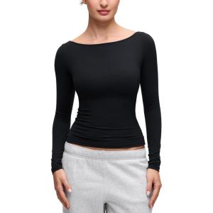 imageCRZ YOGA Softembrace Boat Neck Long Sleeve Shirts for Women  Casual Going Out Tops Soft Stretchy Fitted Fall TShirtsBlack
