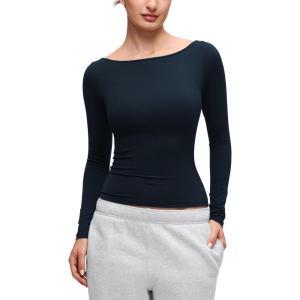 imageCRZ YOGA Softembrace Boat Neck Long Sleeve Shirts for Women  Casual Going Out Tops Soft Stretchy Fitted Fall TShirtsTrue Navy