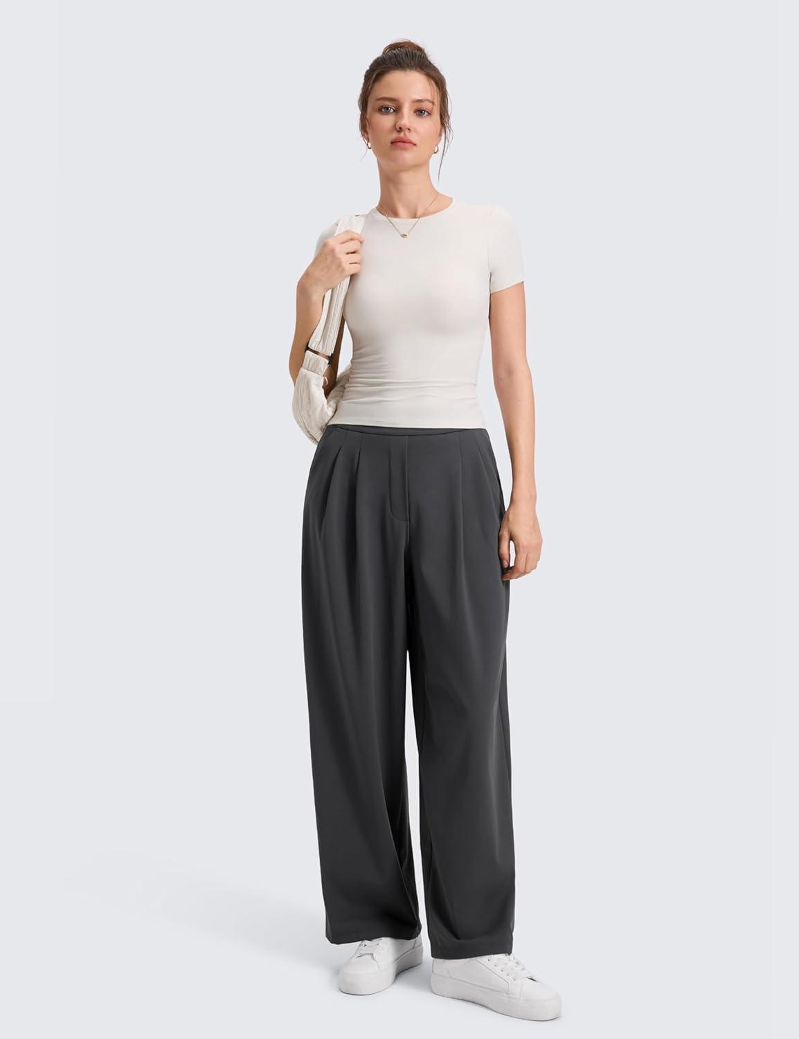 imageCRZ YOGA 4Way Stretch Wide Leg Work Pants for Women 29quot  Bussiness Casual Trousers with PocketsInk Gray