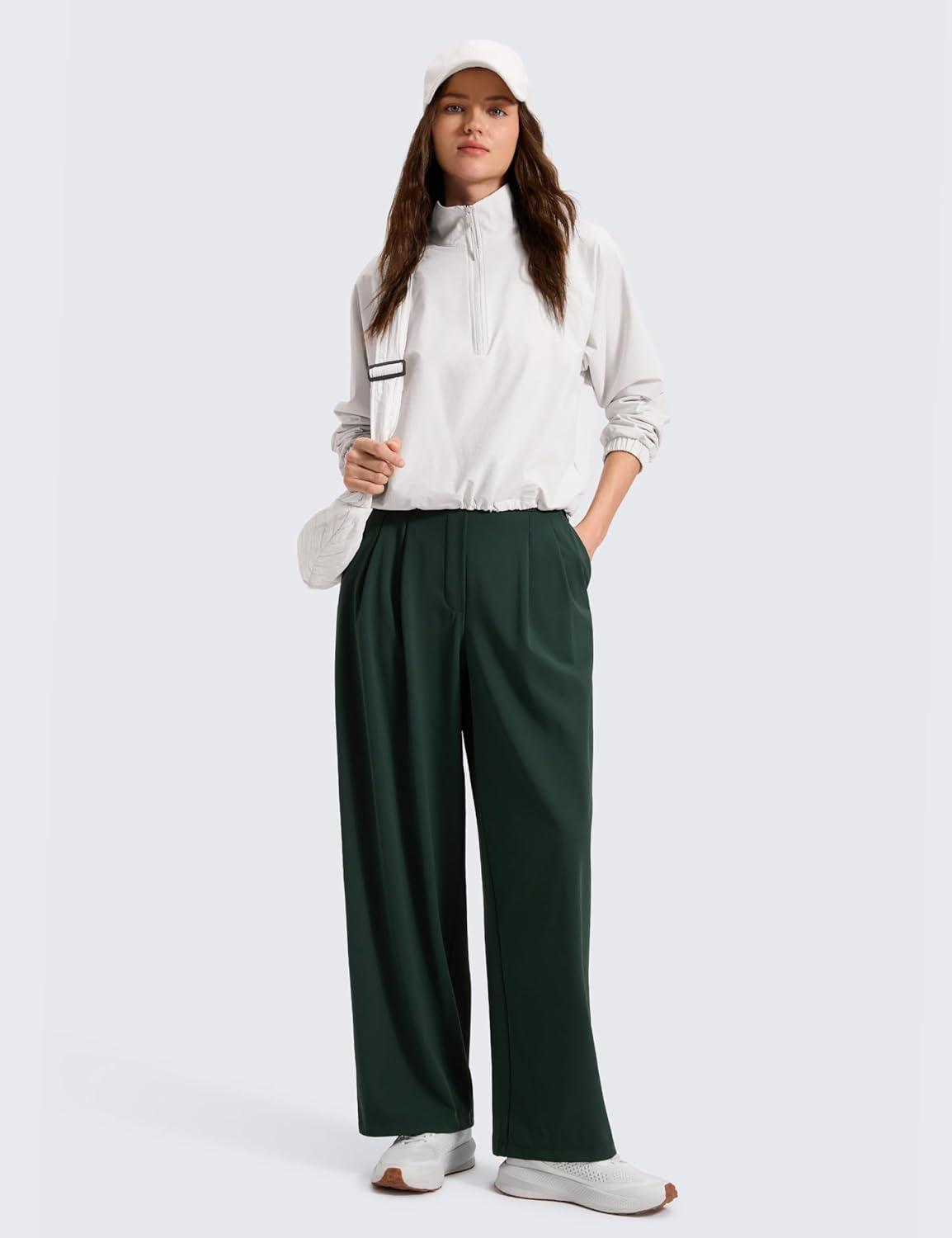 imageCRZ YOGA 4Way Stretch Wide Leg Work Pants for Women 29quot  Bussiness Casual Trousers with PocketsLegend Green