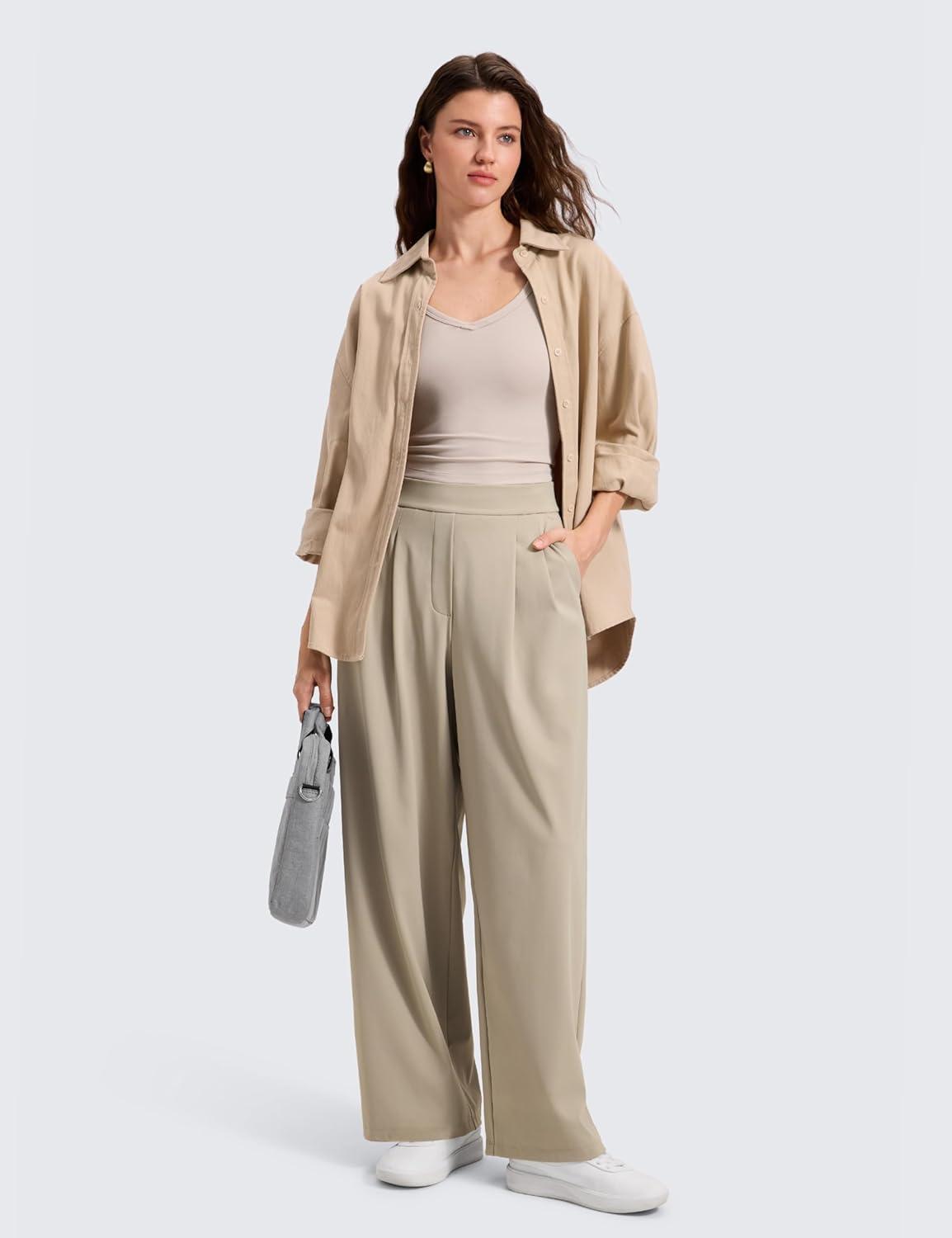 imageCRZ YOGA 4Way Stretch Wide Leg Work Pants for Women 29quot  Bussiness Casual Trousers with PocketsOak