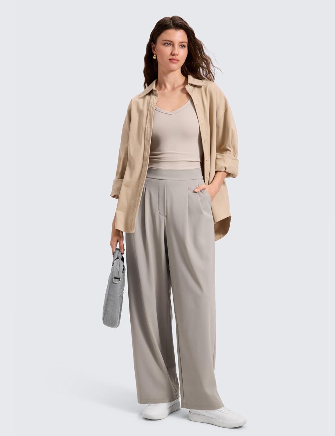 imageCRZ YOGA 4Way Stretch Wide Leg Work Pants for Women 29quot  Bussiness Casual Trousers with PocketsStone