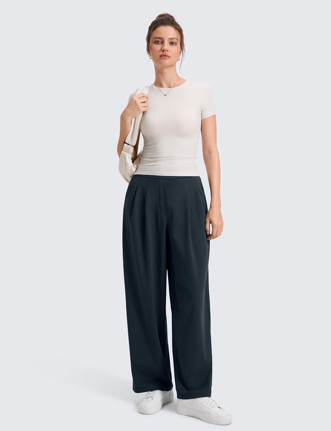 imageCRZ YOGA 4Way Stretch Wide Leg Work Pants for Women 29quot  Bussiness Casual Trousers with PocketsTrue Navy