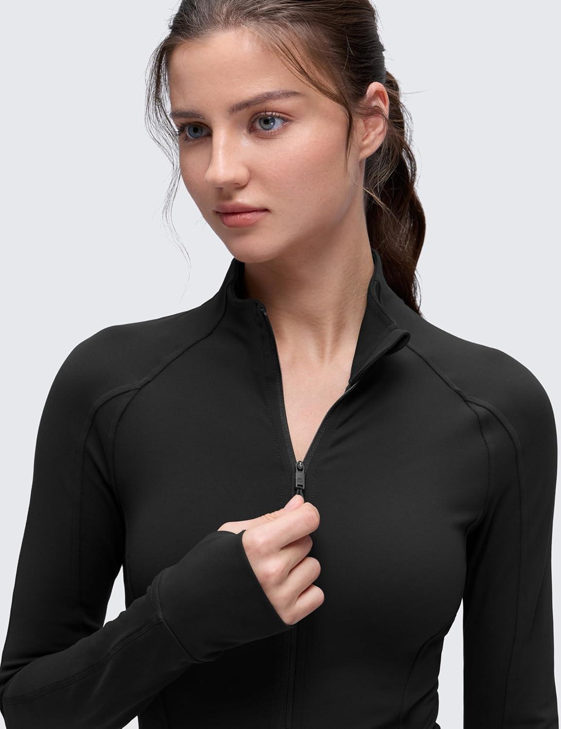 imageCRZ YOGA Butterluxe Hip Length Jackets for Women  Full Zip Athletic Track Tops with Thumb Holes PocketsBlack