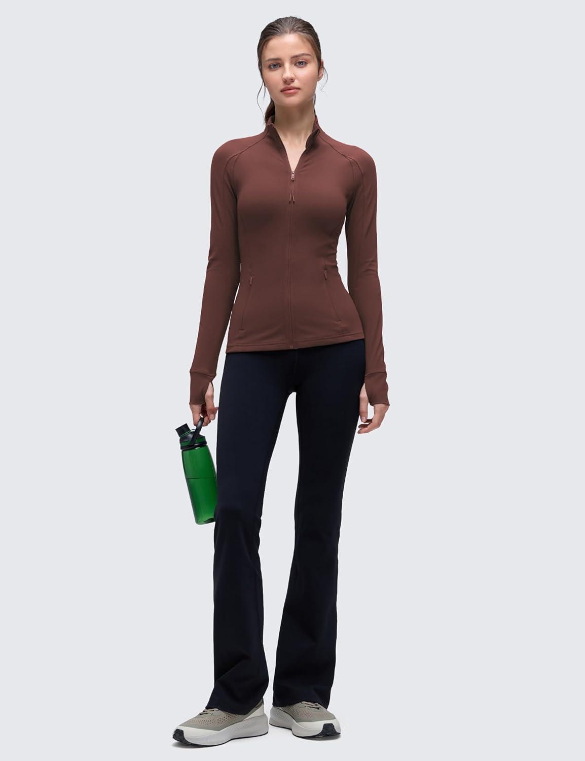 imageCRZ YOGA Butterluxe Hip Length Jackets for Women  Full Zip Athletic Track Tops with Thumb Holes PocketsTaupe