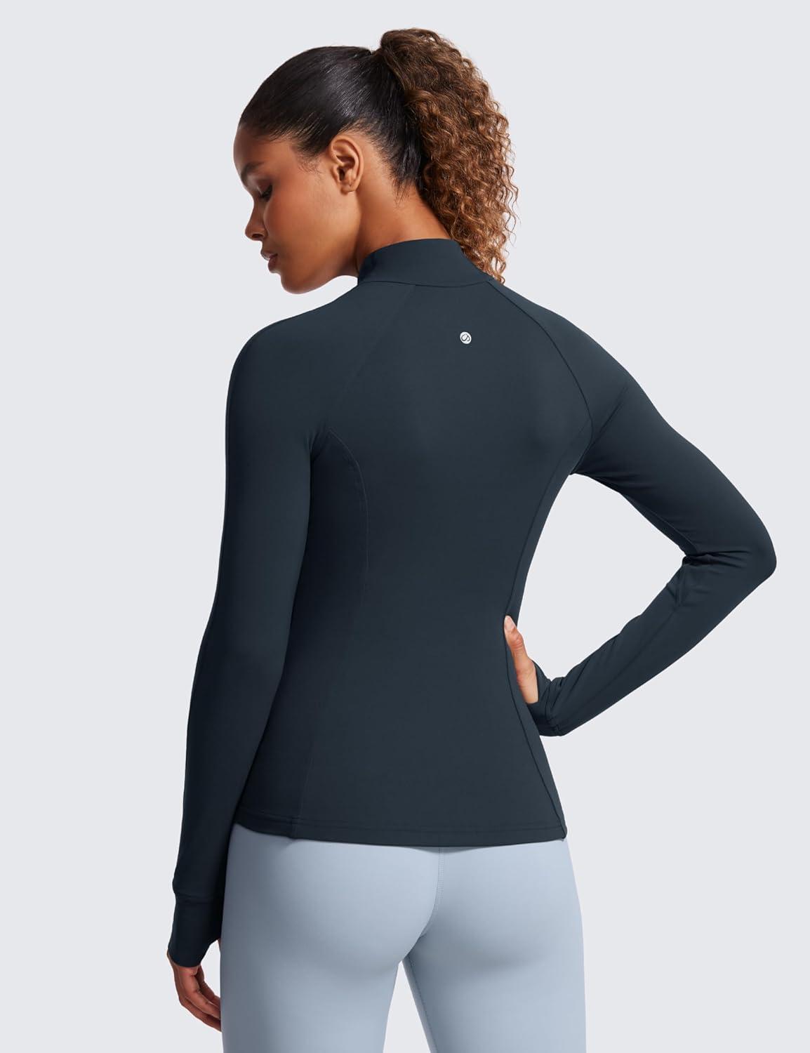 imageCRZ YOGA Butterluxe Hip Length Jackets for Women  Full Zip Athletic Track Tops with Thumb Holes PocketsTrue Navy