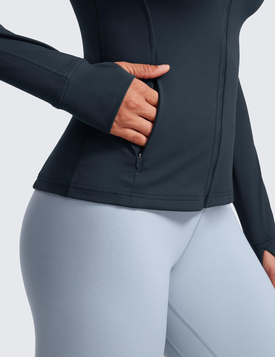 imageCRZ YOGA Butterluxe Hip Length Jackets for Women  Full Zip Athletic Track Tops with Thumb Holes PocketsTrue Navy