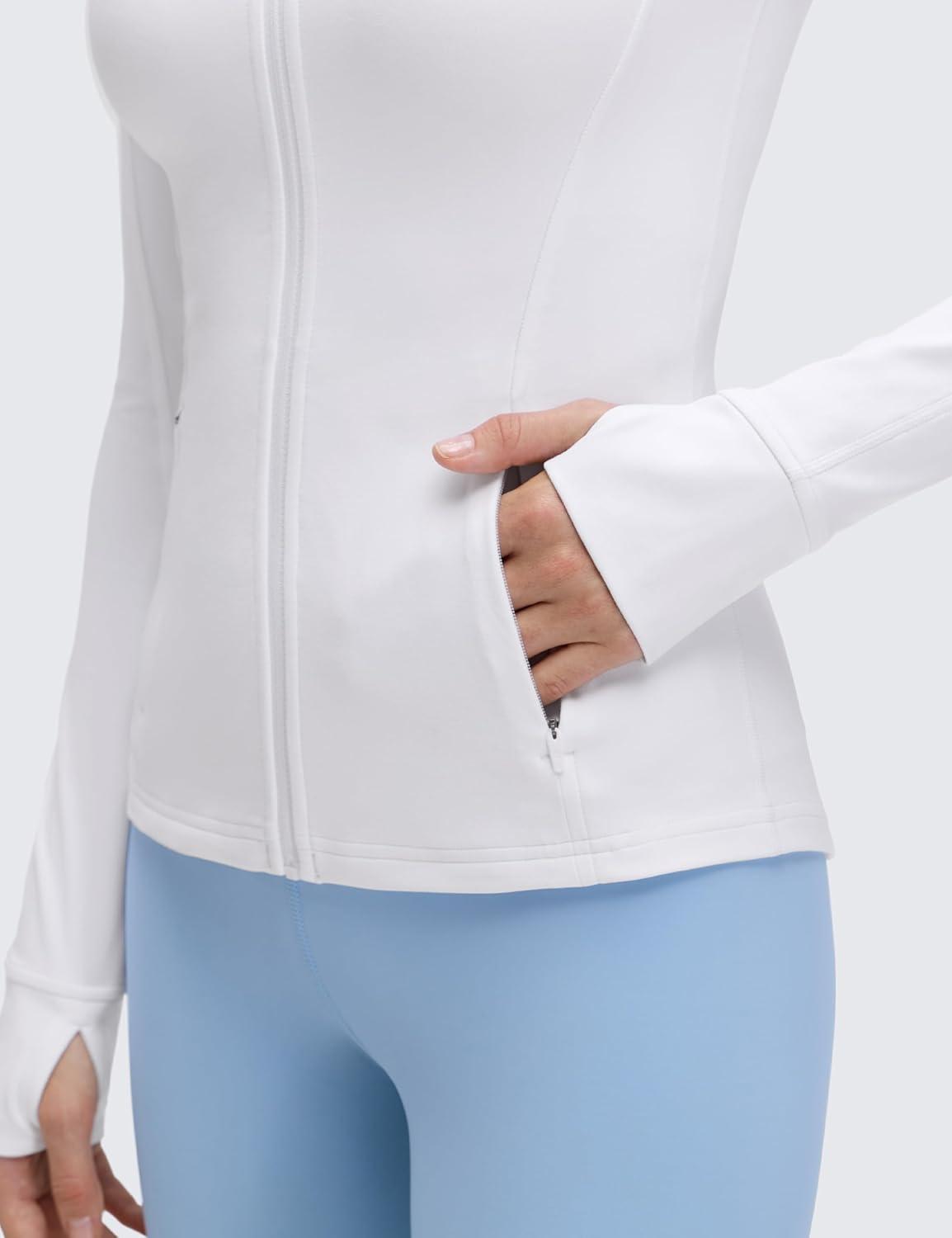 imageCRZ YOGA Butterluxe Hip Length Jackets for Women  Full Zip Athletic Track Tops with Thumb Holes PocketsWhite