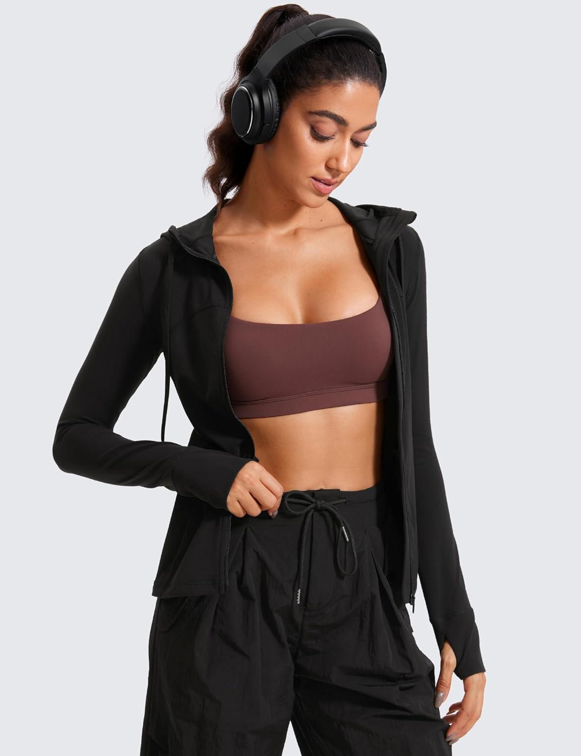 imageCRZ YOGA Butterluxe Hooded Athletic Jackets for Women  Full Zip Track Casual Tops with Thumb Holes PocketsBlack