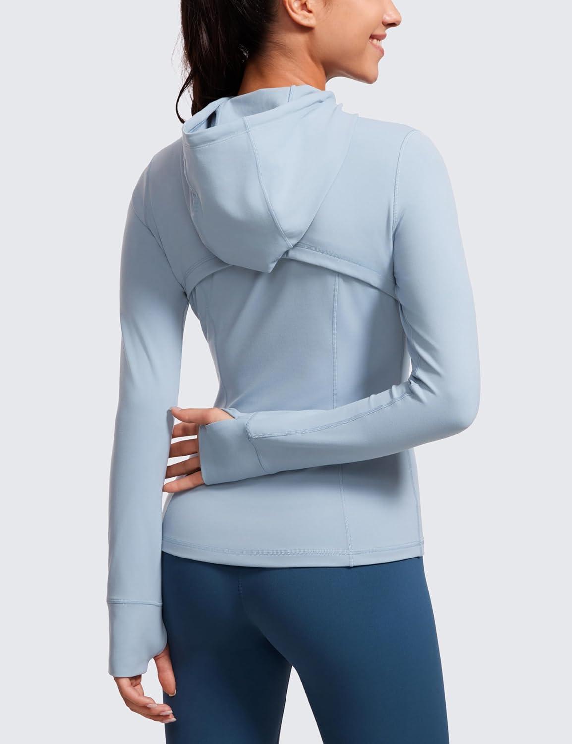 imageCRZ YOGA Butterluxe Hooded Athletic Jackets for Women  Full Zip Track Casual Tops with Thumb Holes PocketsCambric Blue