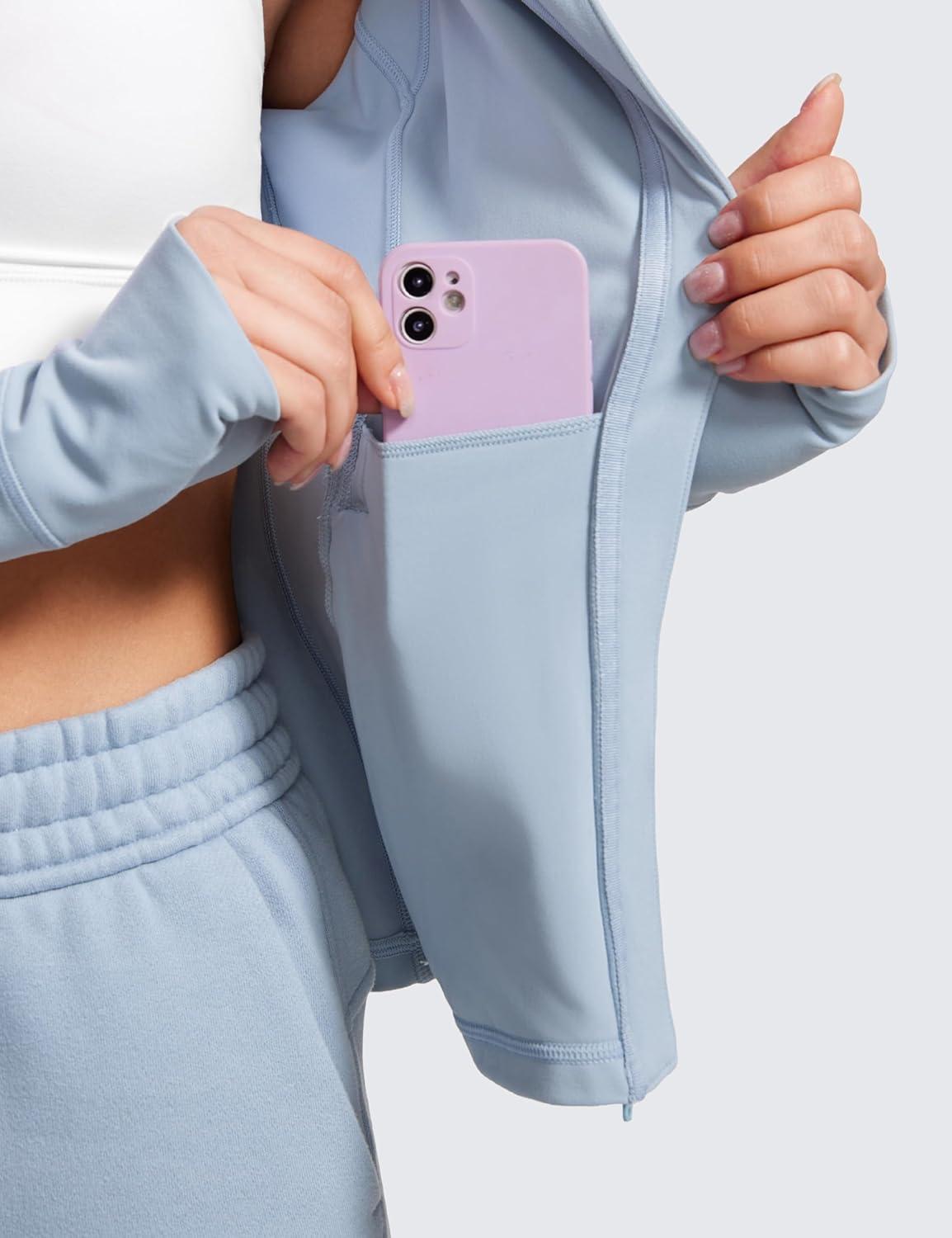 imageCRZ YOGA Butterluxe Hooded Athletic Jackets for Women  Full Zip Track Casual Tops with Thumb Holes PocketsCambric Blue