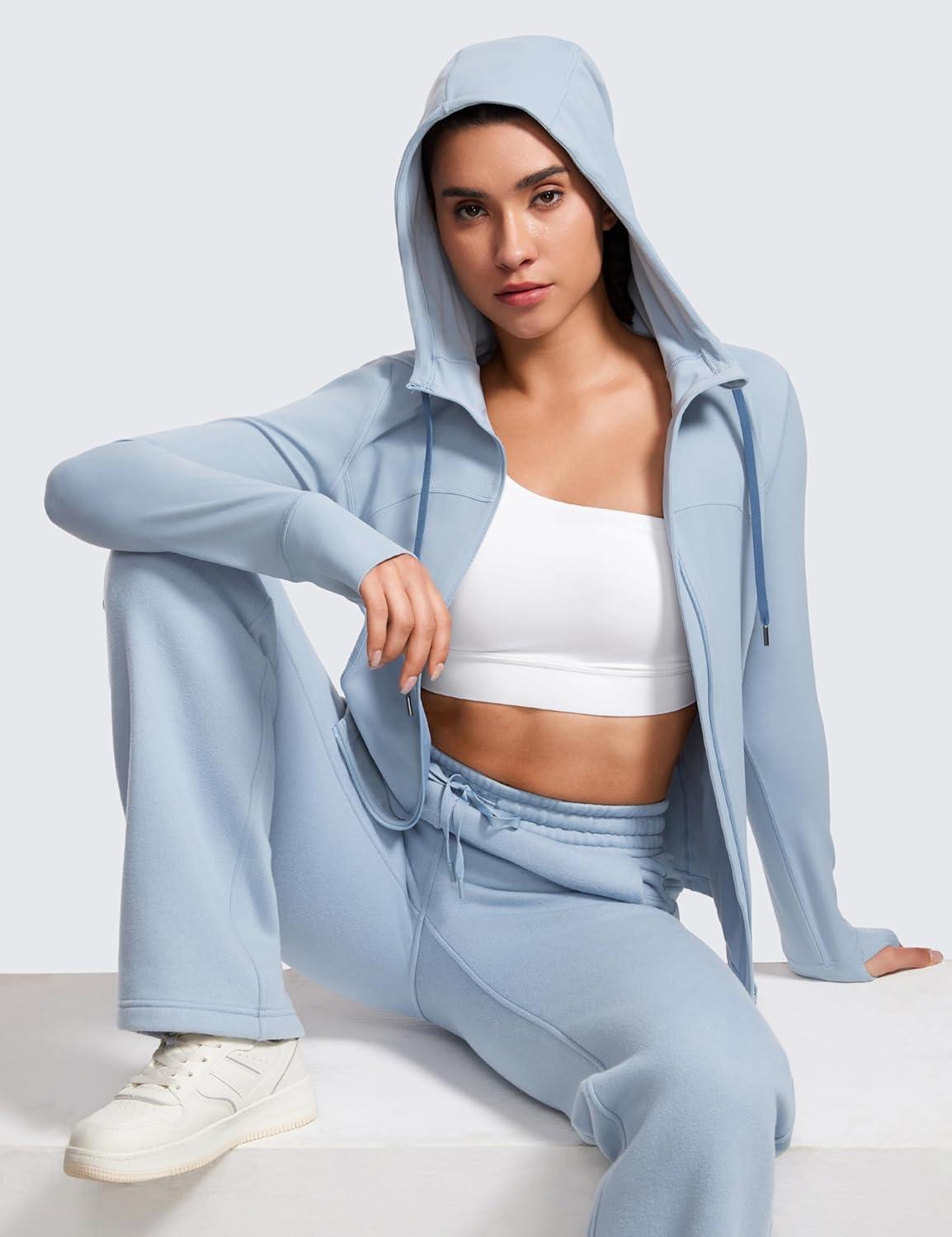 imageCRZ YOGA Butterluxe Hooded Athletic Jackets for Women  Full Zip Track Casual Tops with Thumb Holes PocketsCambric Blue