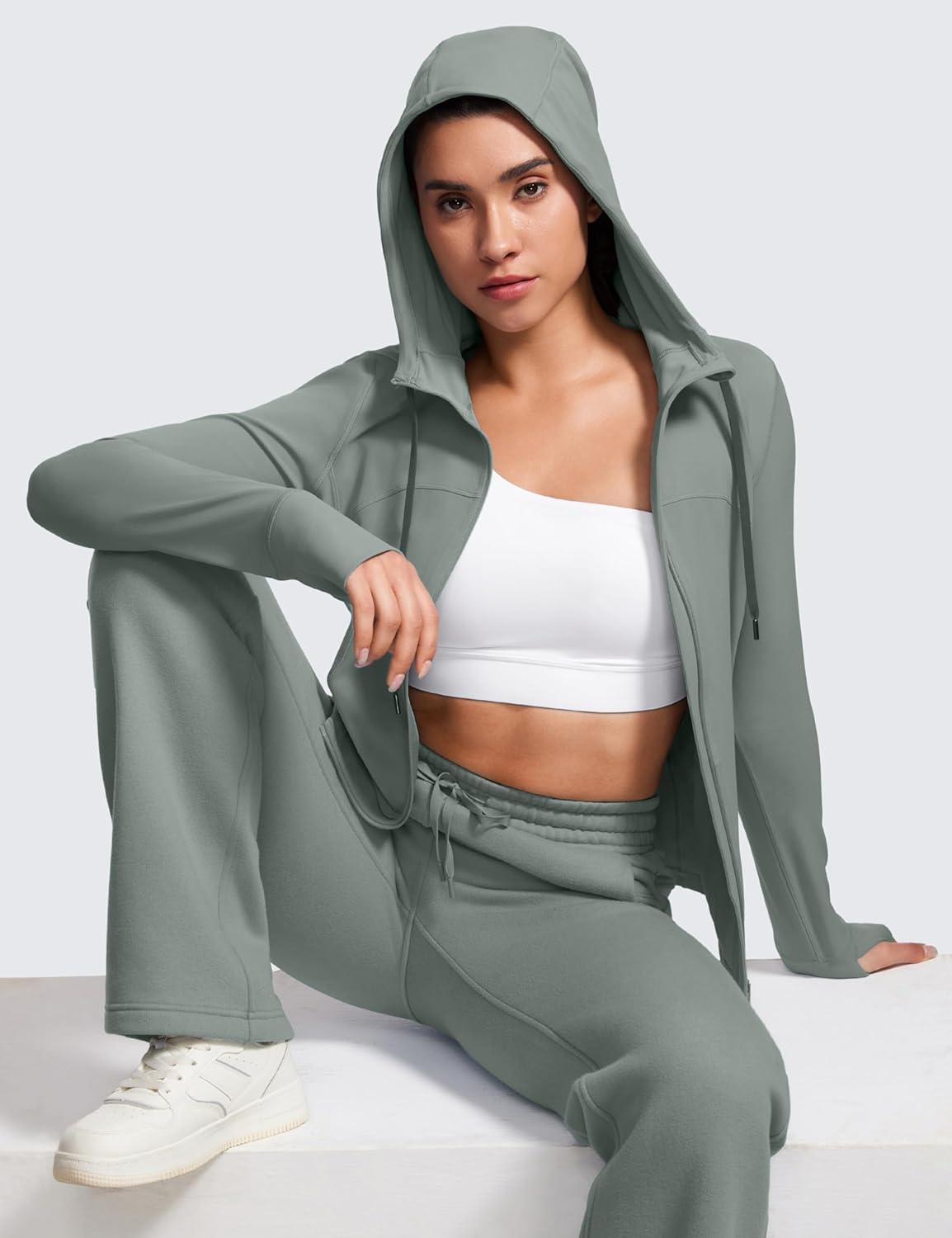 imageCRZ YOGA Butterluxe Hooded Athletic Jackets for Women  Full Zip Track Casual Tops with Thumb Holes PocketsGrey Sage