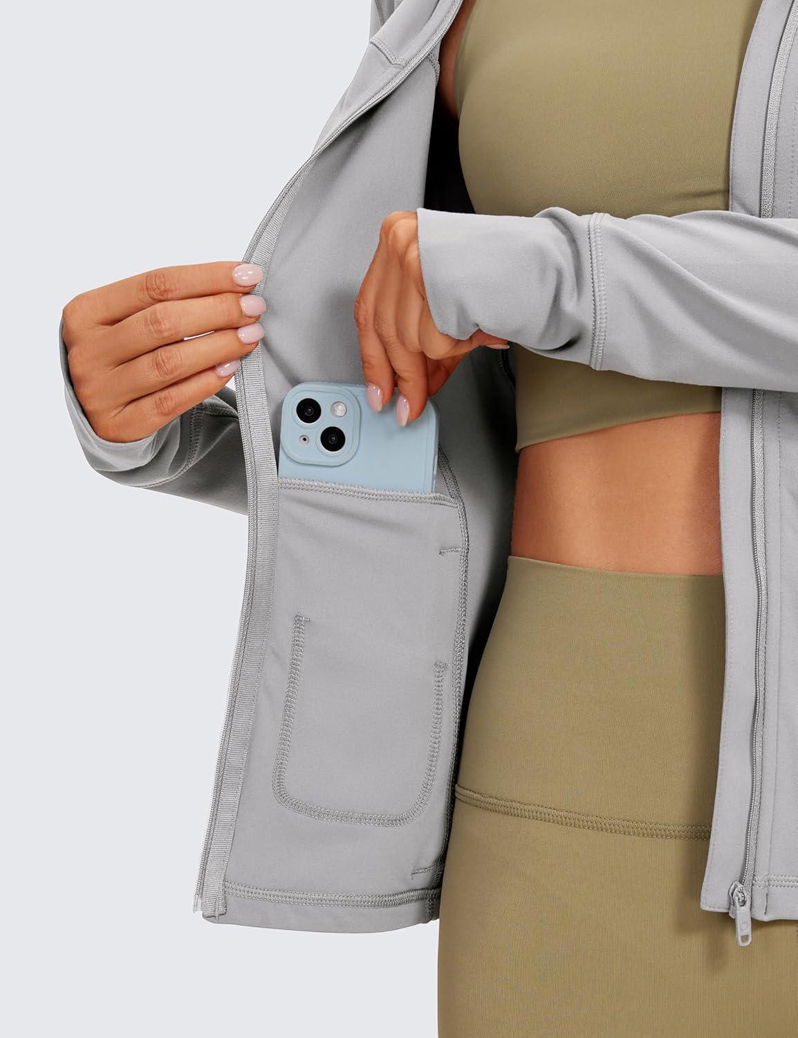 imageCRZ YOGA Butterluxe Hooded Athletic Jackets for Women  Full Zip Track Casual Tops with Thumb Holes PocketsGull Gray