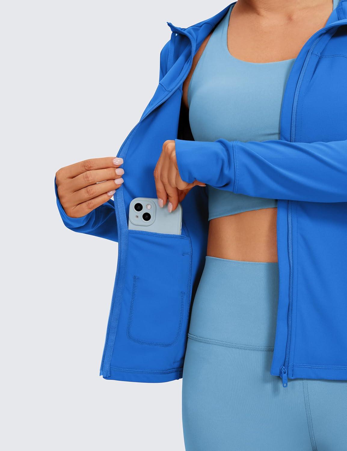 imageCRZ YOGA Butterluxe Hooded Athletic Jackets for Women  Full Zip Track Casual Tops with Thumb Holes PocketsSparkle Blue