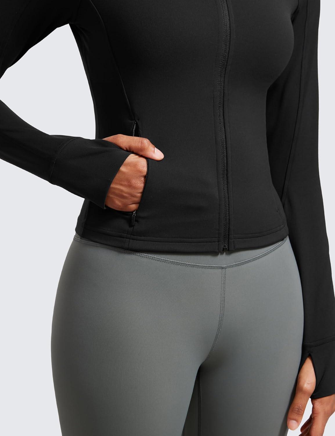 imageCRZ YOGA Butterluxe Waist Length Jackets for Women  Full Zip Athletic Track Tops with Thumb Holes PocketsBlack