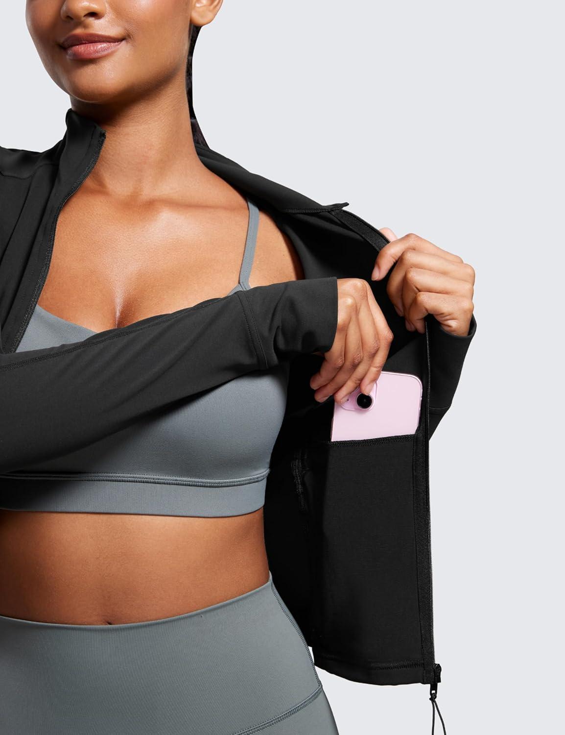 imageCRZ YOGA Butterluxe Waist Length Jackets for Women  Full Zip Athletic Track Tops with Thumb Holes PocketsBlack