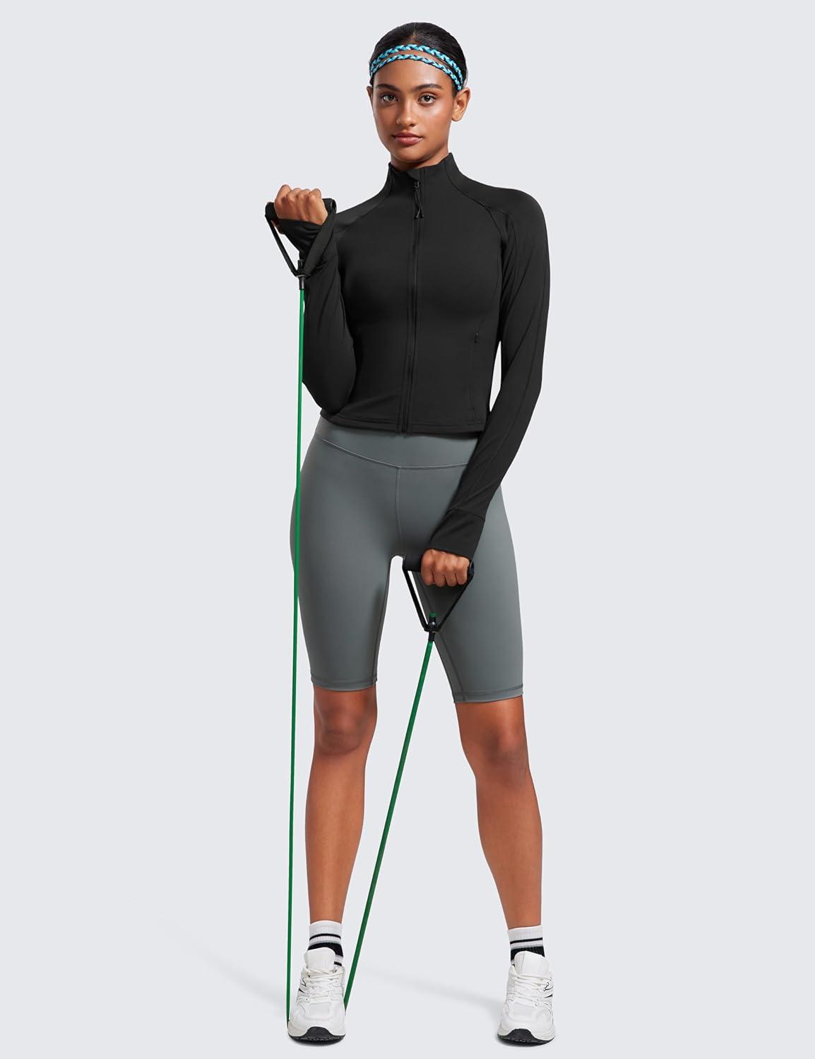 imageCRZ YOGA Butterluxe Waist Length Jackets for Women  Full Zip Athletic Track Tops with Thumb Holes PocketsBlack