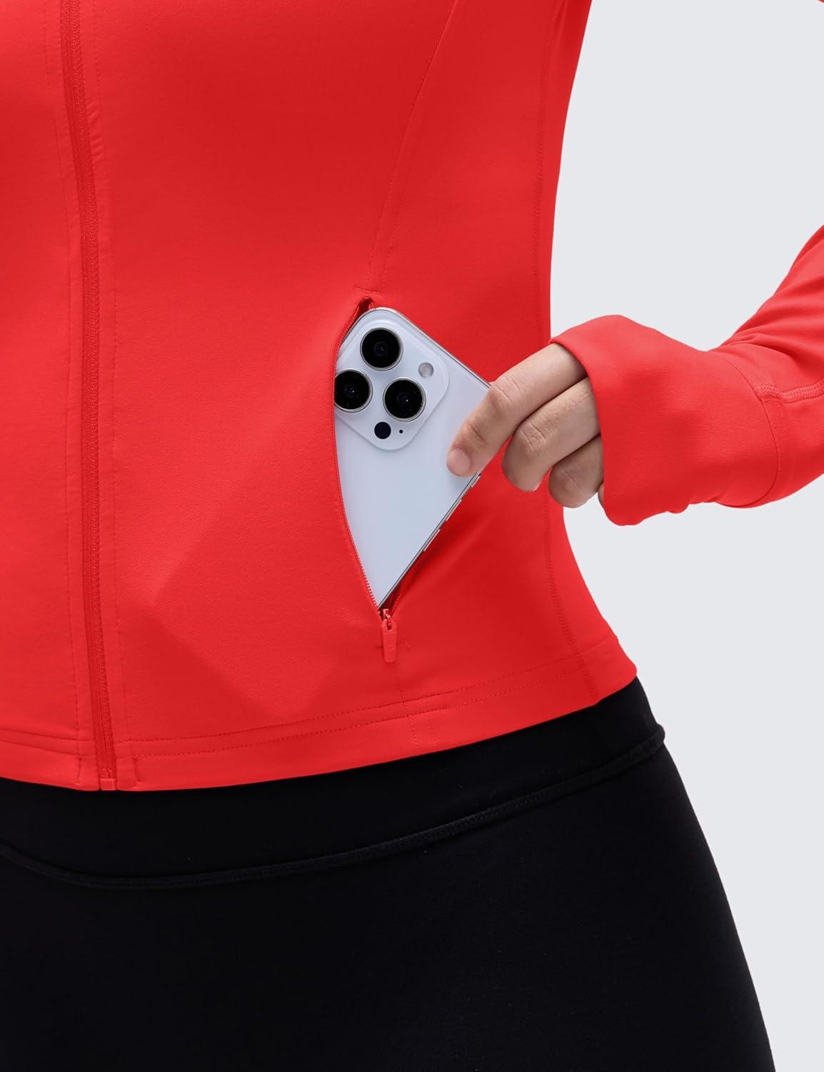 imageCRZ YOGA Butterluxe Waist Length Jackets for Women  Full Zip Athletic Track Tops with Thumb Holes PocketsDeep Red