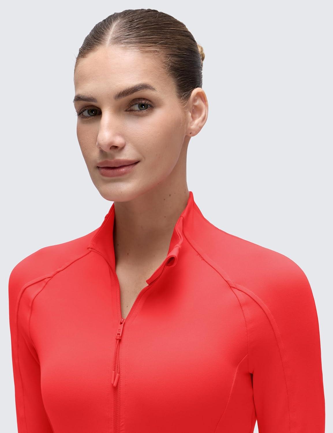 imageCRZ YOGA Butterluxe Waist Length Jackets for Women  Full Zip Athletic Track Tops with Thumb Holes PocketsDeep Red
