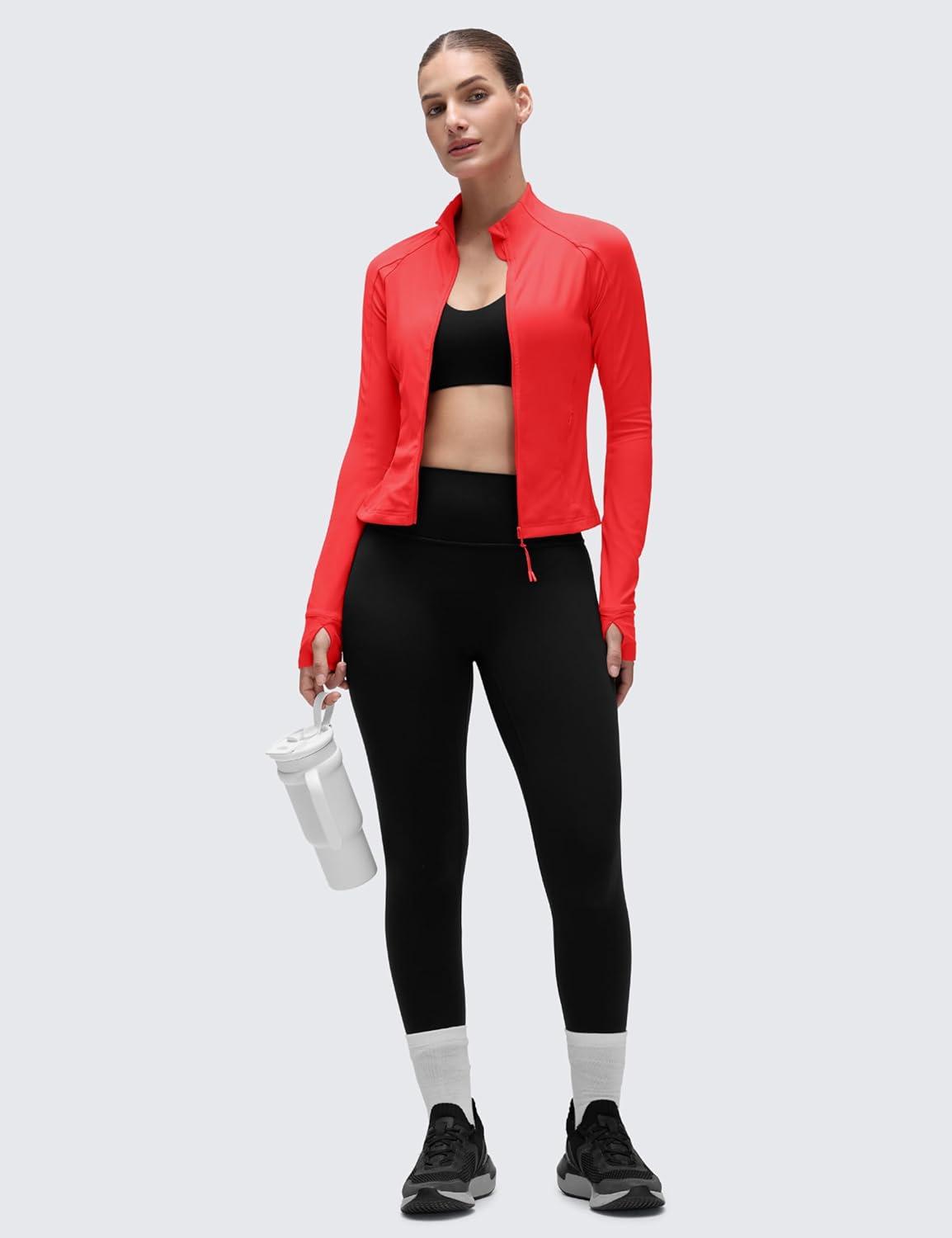imageCRZ YOGA Butterluxe Waist Length Jackets for Women  Full Zip Athletic Track Tops with Thumb Holes PocketsDeep Red