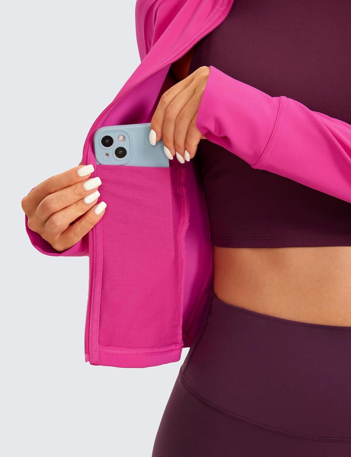 imageCRZ YOGA Butterluxe Waist Length Jackets for Women  Full Zip Athletic Track Tops with Thumb Holes PocketsHibiscus Purple