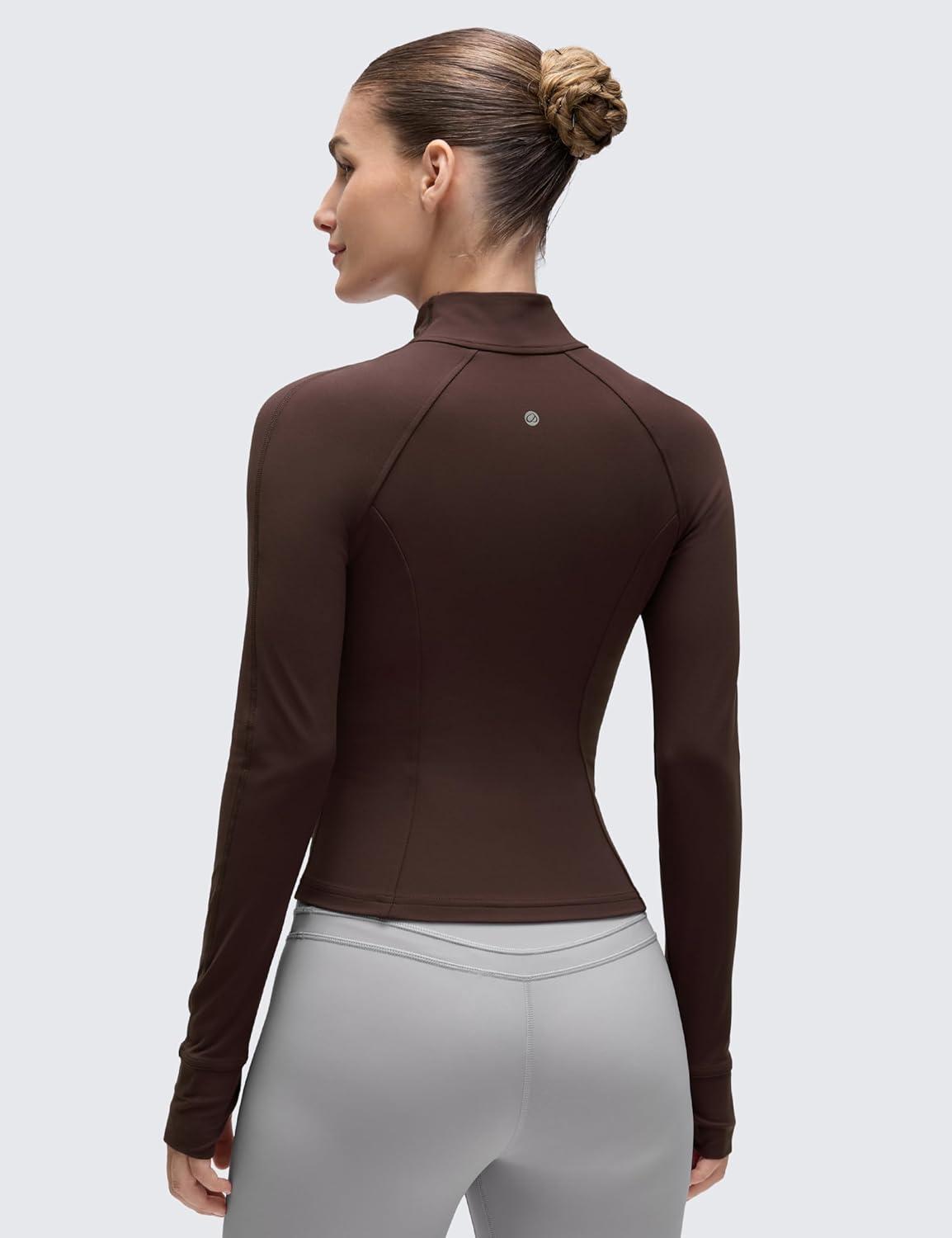 imageCRZ YOGA Butterluxe Waist Length Jackets for Women  Full Zip Athletic Track Tops with Thumb Holes PocketsHot Fudge Brown