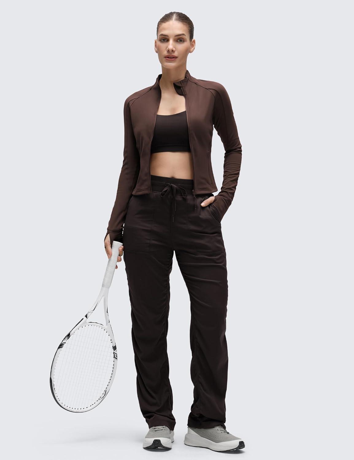 imageCRZ YOGA Butterluxe Waist Length Jackets for Women  Full Zip Athletic Track Tops with Thumb Holes PocketsHot Fudge Brown