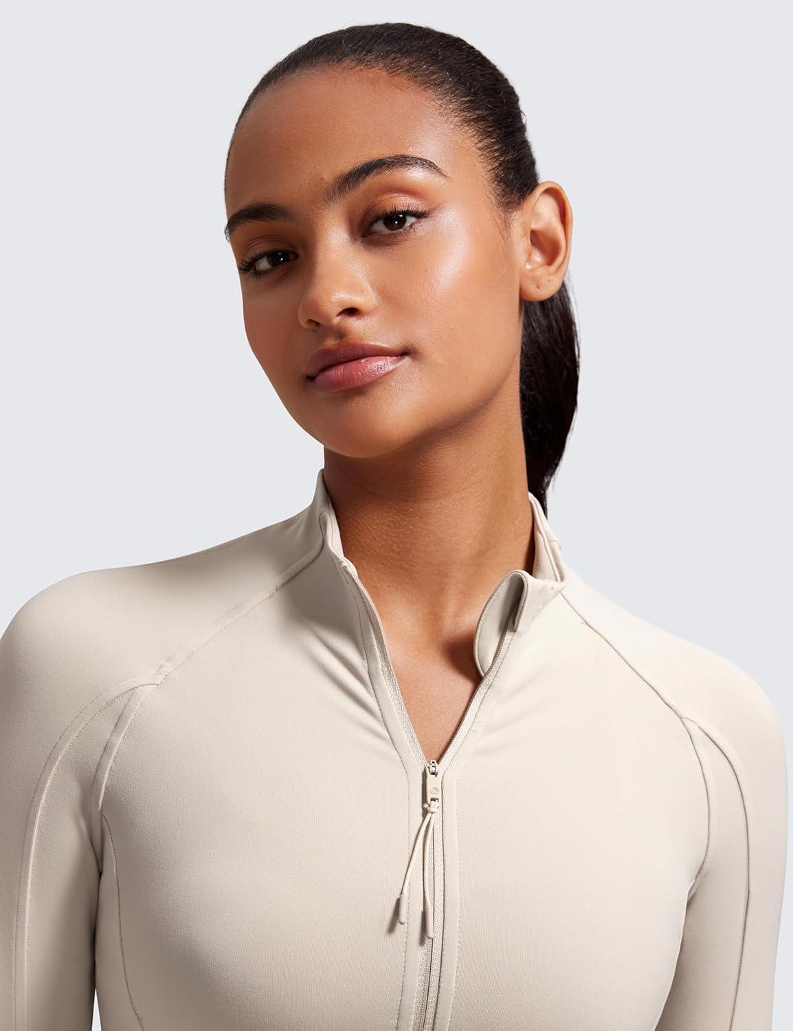 imageCRZ YOGA Butterluxe Waist Length Jackets for Women  Full Zip Athletic Track Tops with Thumb Holes PocketsMojave Tan