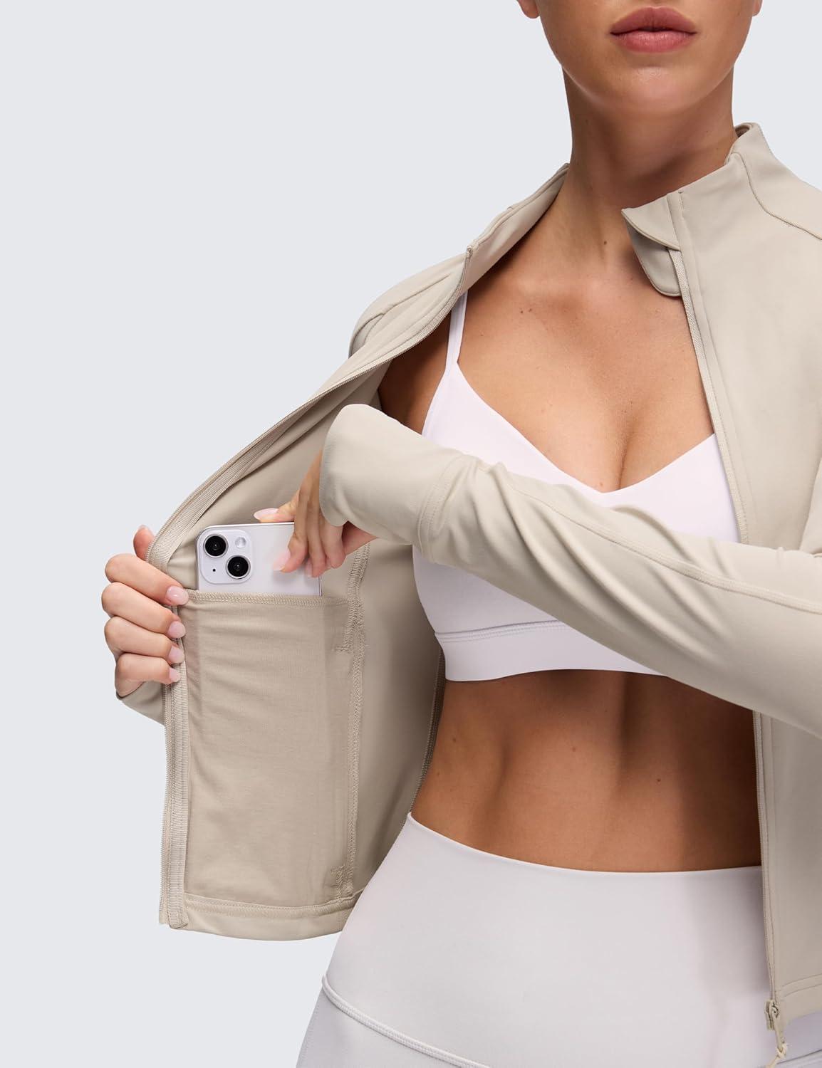 imageCRZ YOGA Butterluxe Waist Length Jackets for Women  Full Zip Athletic Track Tops with Thumb Holes PocketsMojave Tan