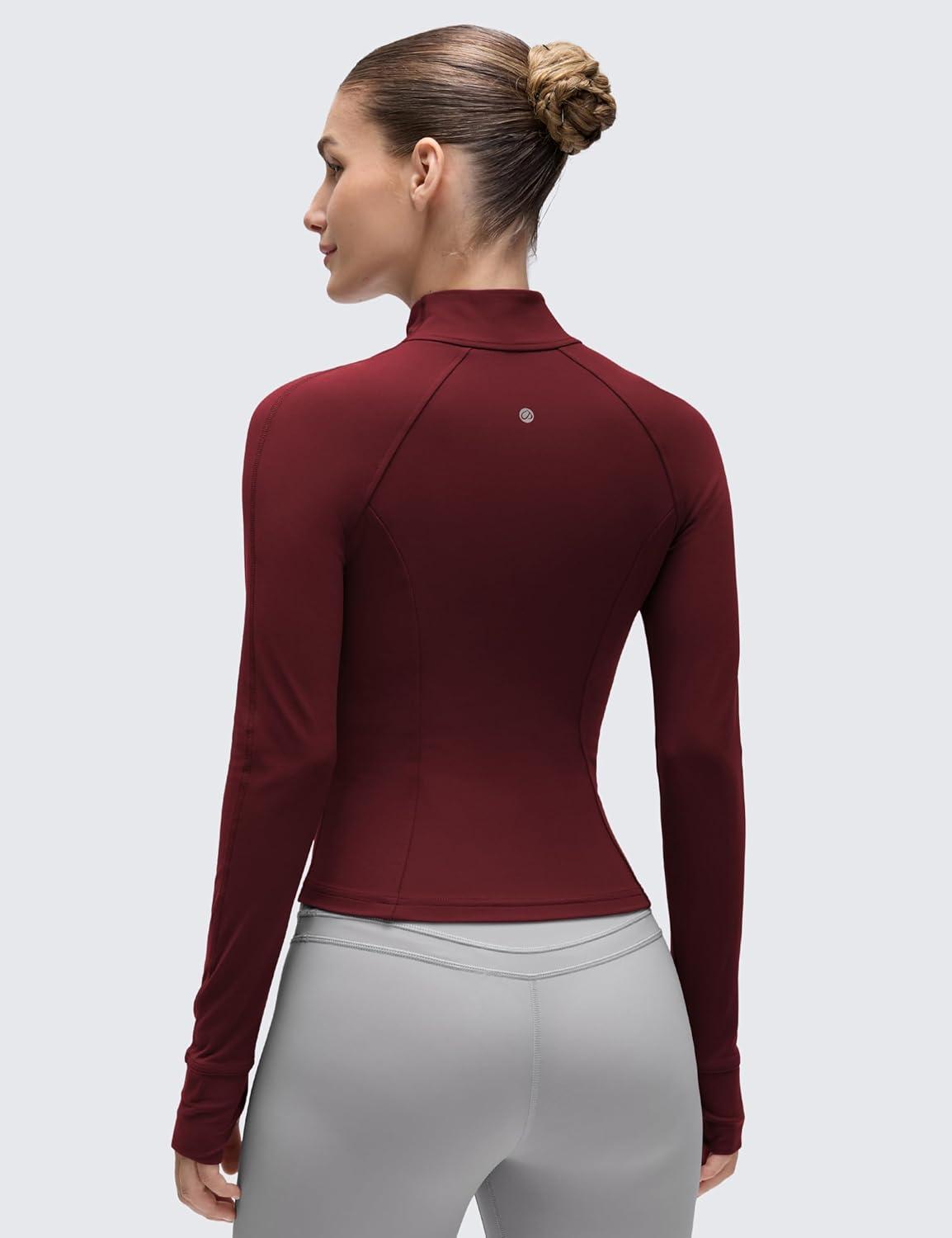 imageCRZ YOGA Butterluxe Waist Length Jackets for Women  Full Zip Athletic Track Tops with Thumb Holes PocketsRed Merlot