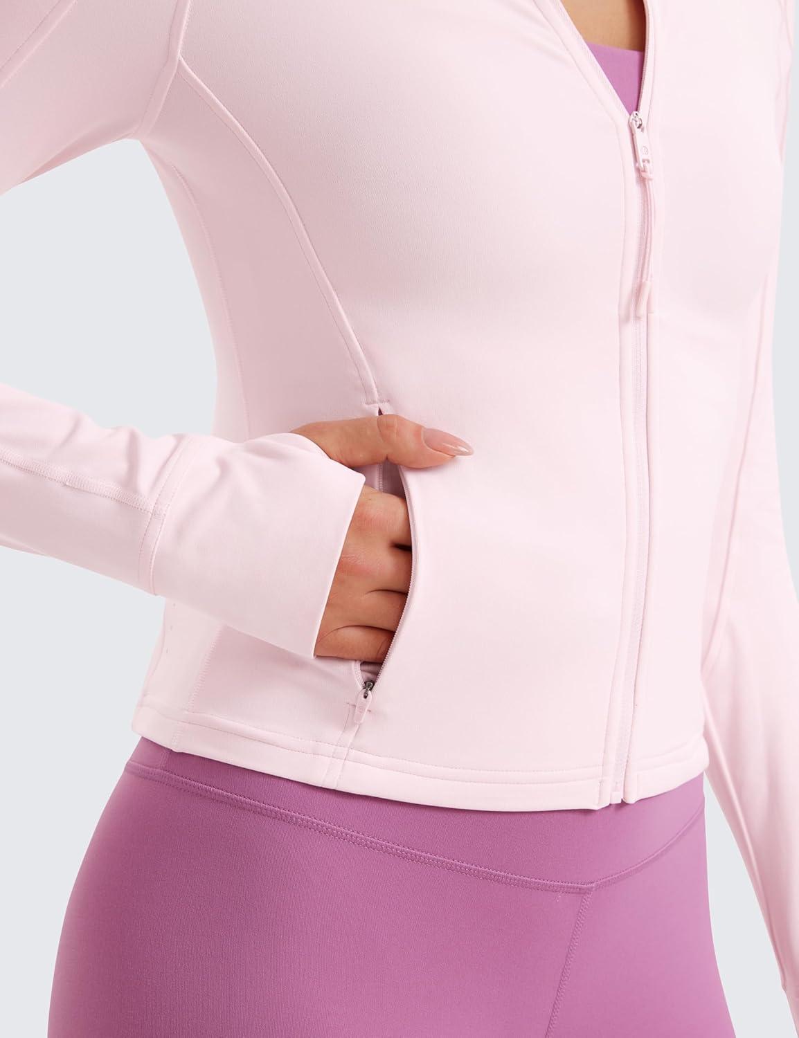 imageCRZ YOGA Butterluxe Waist Length Jackets for Women  Full Zip Athletic Track Tops with Thumb Holes PocketsStrawberry Pink