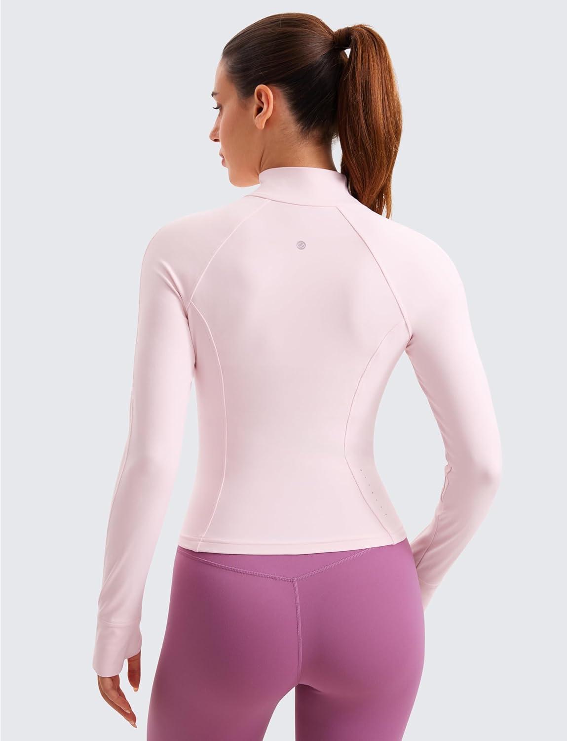 imageCRZ YOGA Butterluxe Waist Length Jackets for Women  Full Zip Athletic Track Tops with Thumb Holes PocketsStrawberry Pink