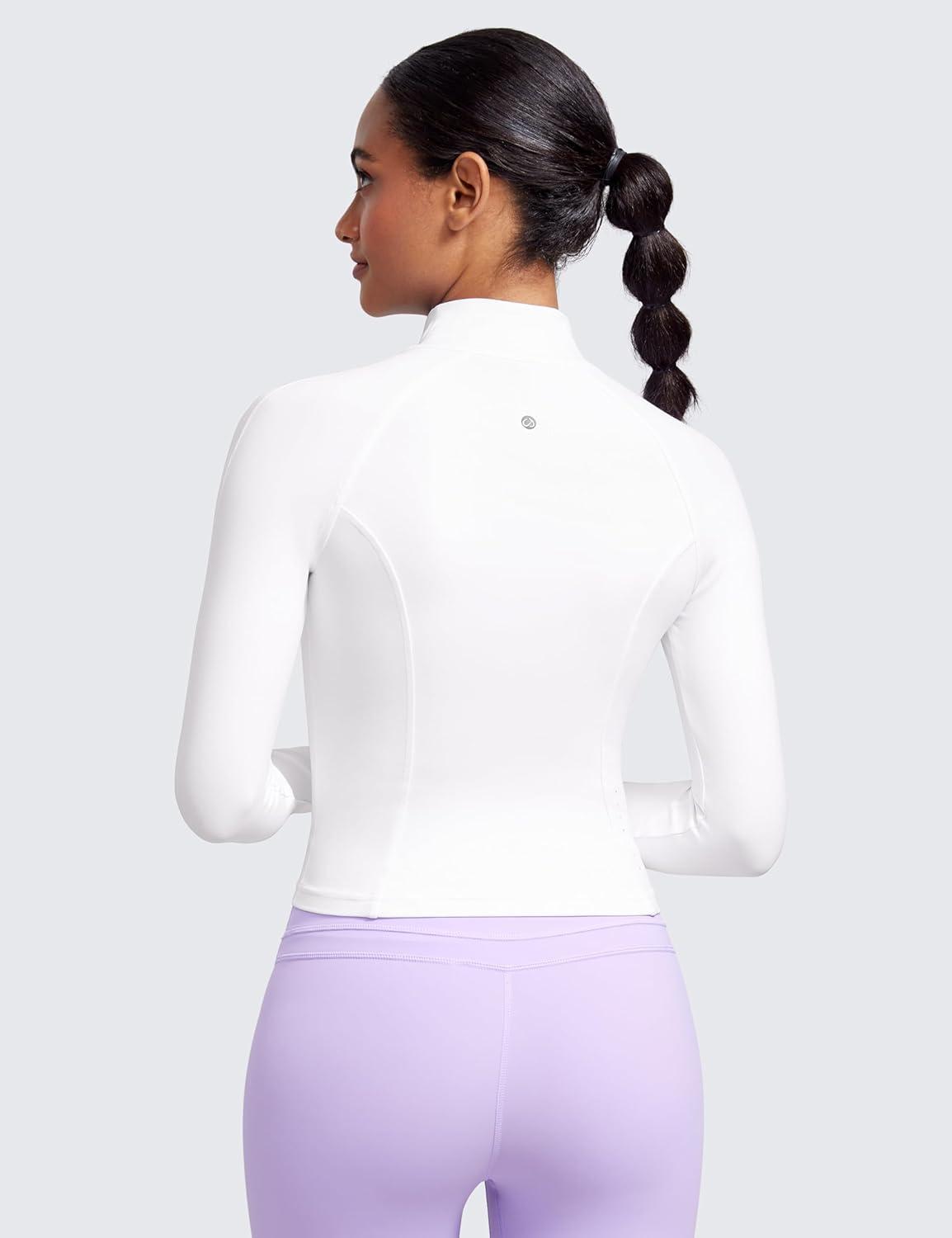 imageCRZ YOGA Butterluxe Waist Length Jackets for Women  Full Zip Athletic Track Tops with Thumb Holes PocketsWhite