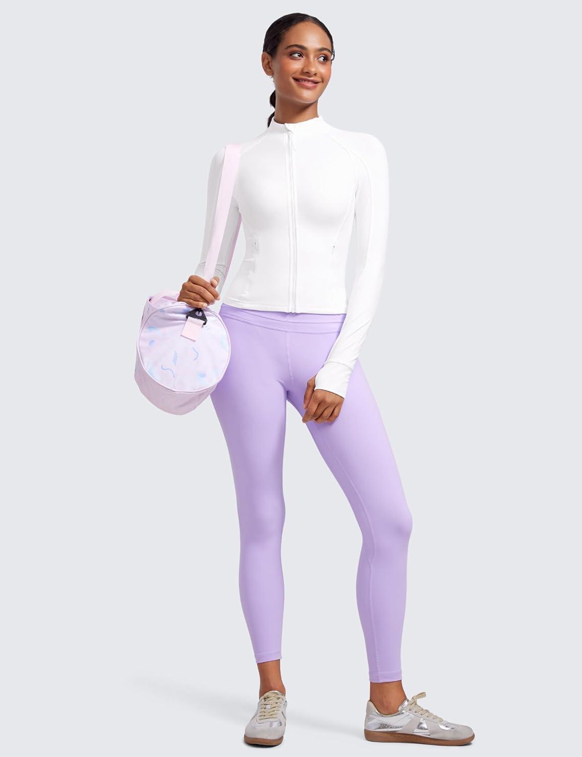 imageCRZ YOGA Butterluxe Waist Length Jackets for Women  Full Zip Athletic Track Tops with Thumb Holes PocketsWhite