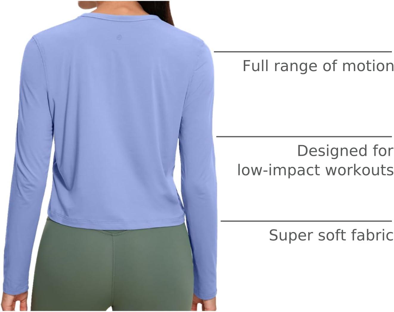 imageCRZ YOGA Pima Cotton Long Sleeve Workout Shirts for Women Loose Cropped Tops Athletic Sports TShirtPeriwinkle Purple